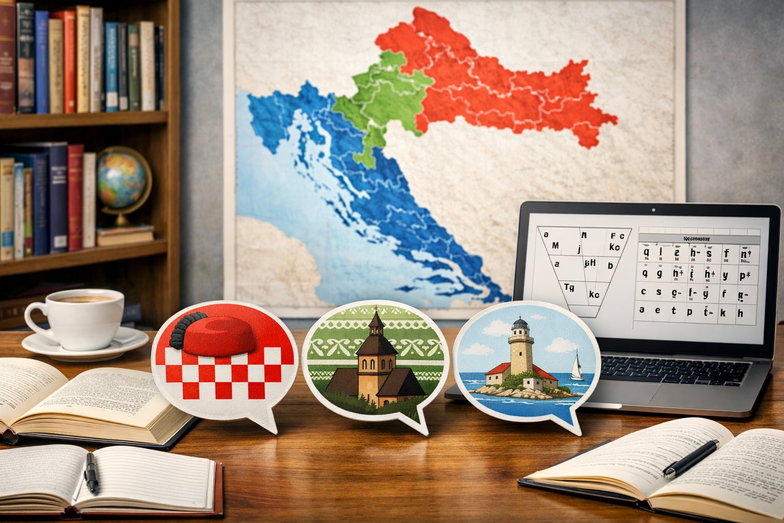 Radni prostor s kartom Hrvatske na zidu i stolom s knjigama i laptopom koji prikazuju dijalekte hrvatskog jezika.