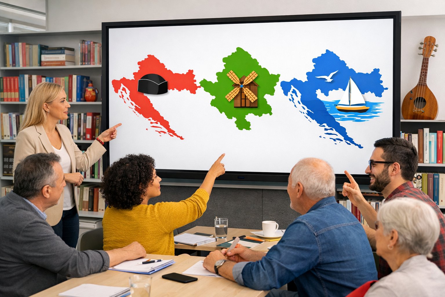 Grupa odraslih ljudi u učionici raspravlja o dijalektima hrvatskog jezika uz prikaz regionalnih karata na ekranu.
