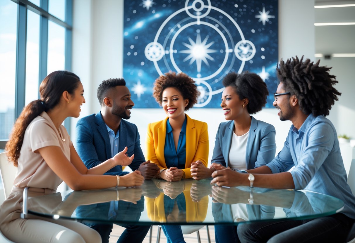 Three people having a thoughtful conversation around a glass table in a bright office with celestial-themed artwork on the wall.