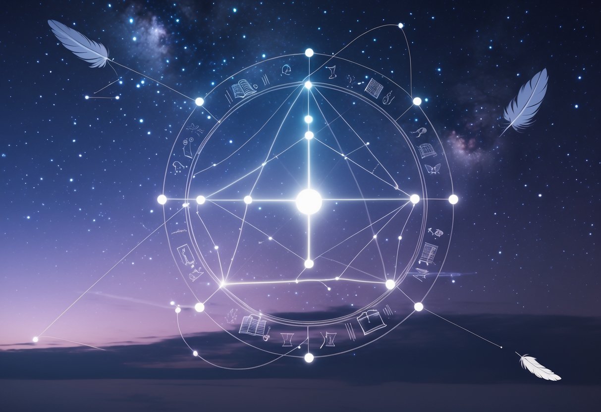 A glowing celestial symbol near a geometric constellation shaped like a house, set against a starry night sky with subtle icons representing communication and learning.