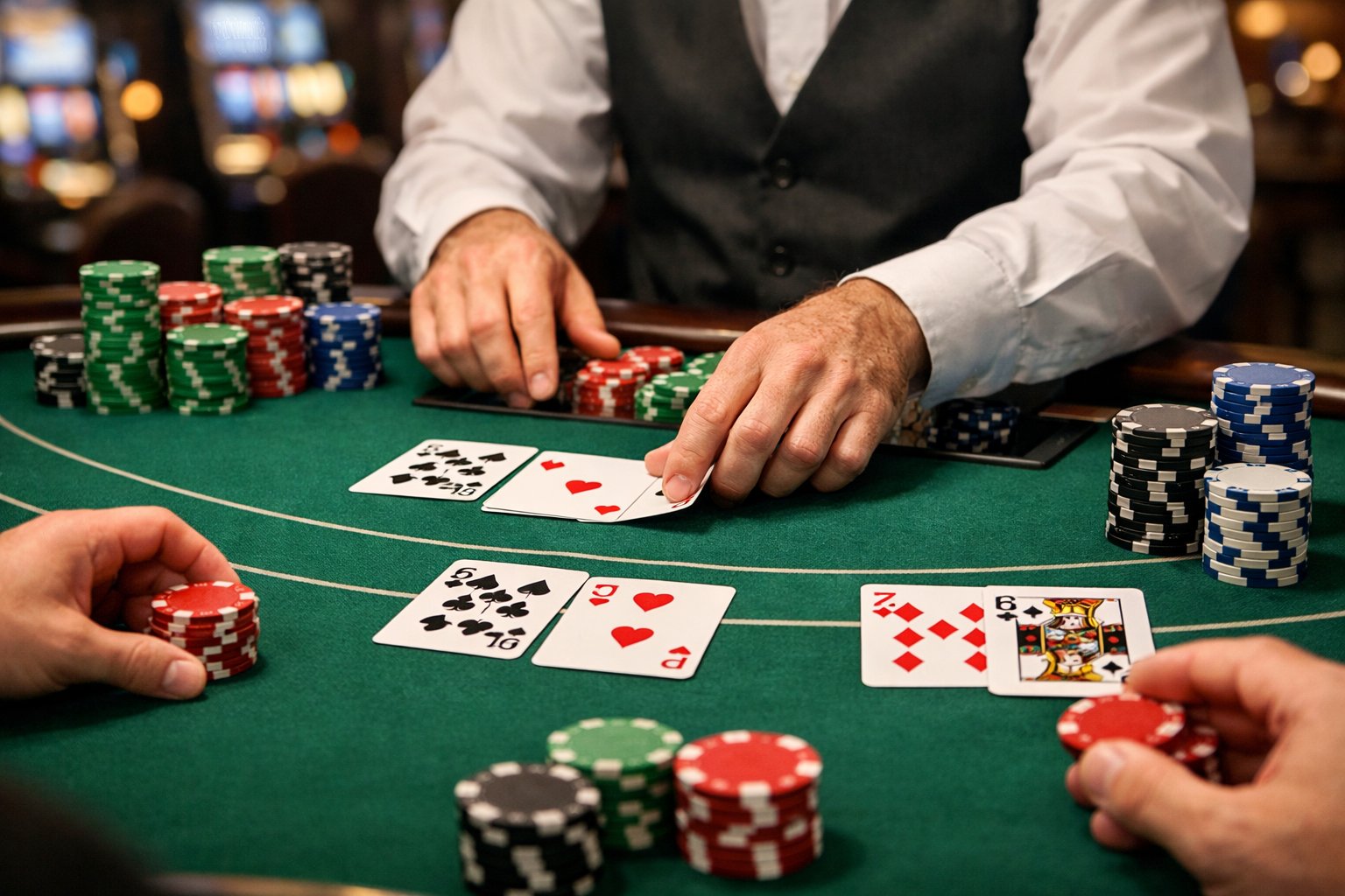 Close-up of a blackjack table with dealer dealing cards and players placing bets in a casino setting.