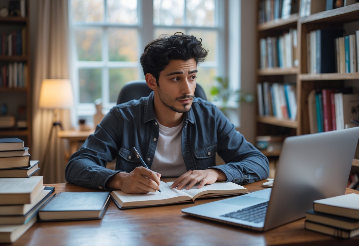 A young adult sitting at a desk surrounded by books and a laptop, writing notes in a cozy study room.