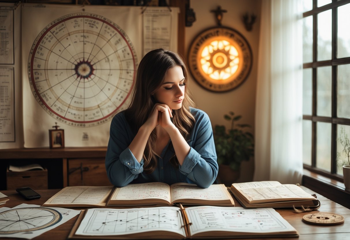 A person sitting at a desk with astrological charts, notebooks, and a zodiac wheel in the background, appearing thoughtful and focused.