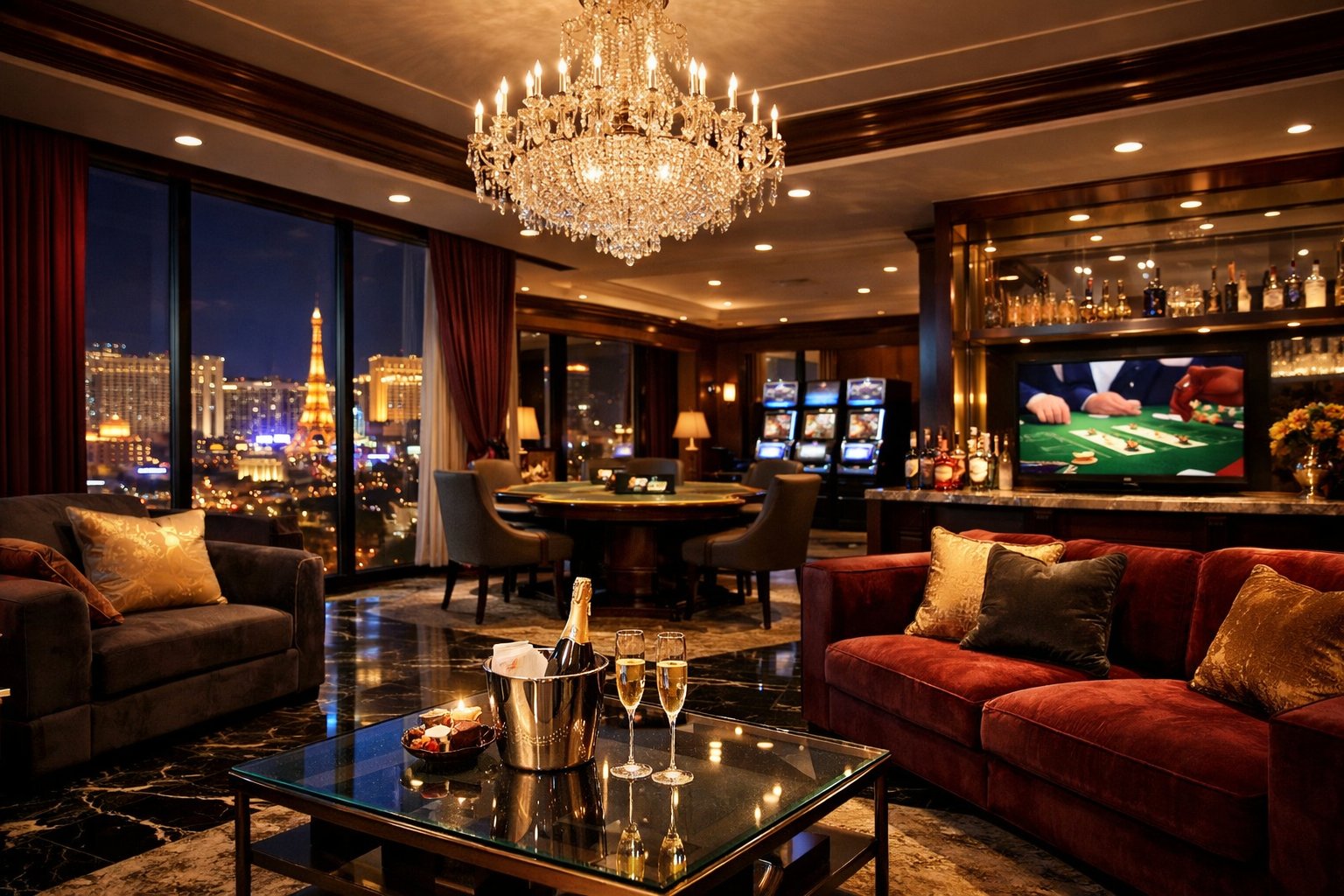 A spacious and elegant casino hotel suite with plush sofas, a chandelier, a poker table, and a nighttime city view through large windows.