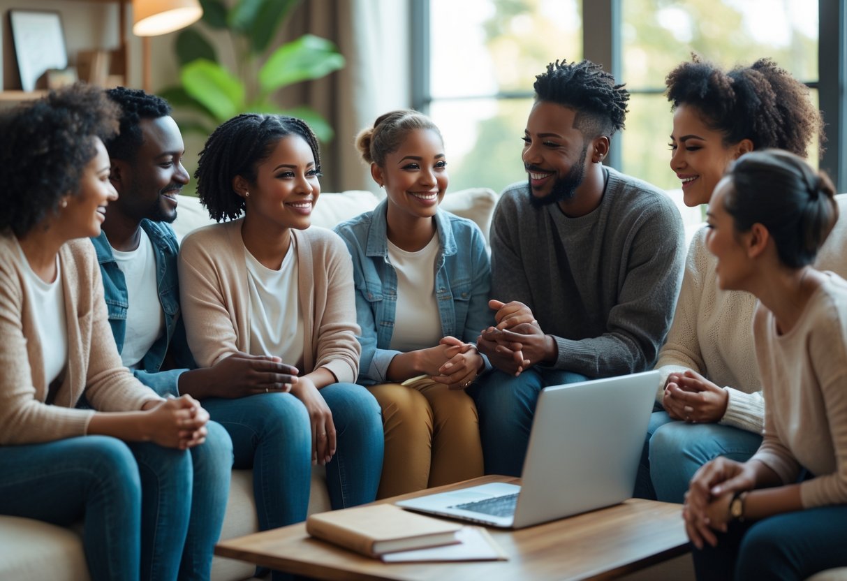 A group of diverse people engaged in warm and meaningful social interactions in a cozy living room.