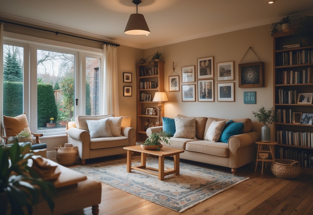 A cozy living room with family photos, a sofa, and a window showing a garden, symbolizing home and family.