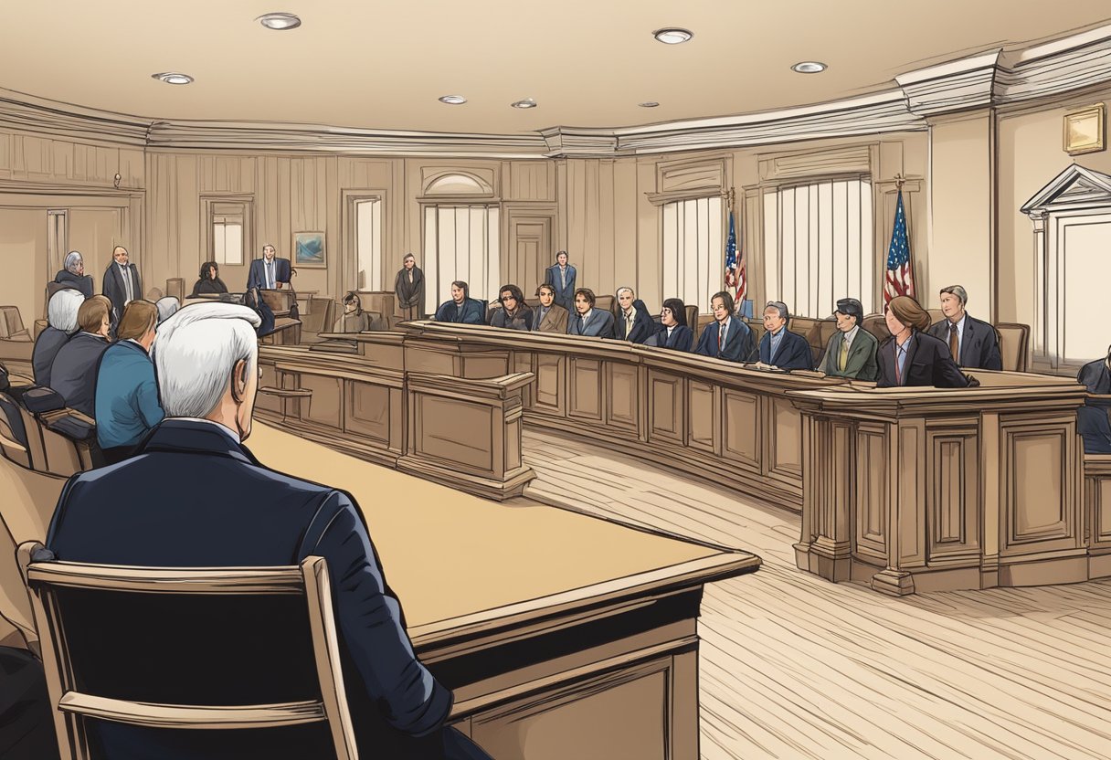 Artist drawing of the inside of a courtroom with US flag in the background