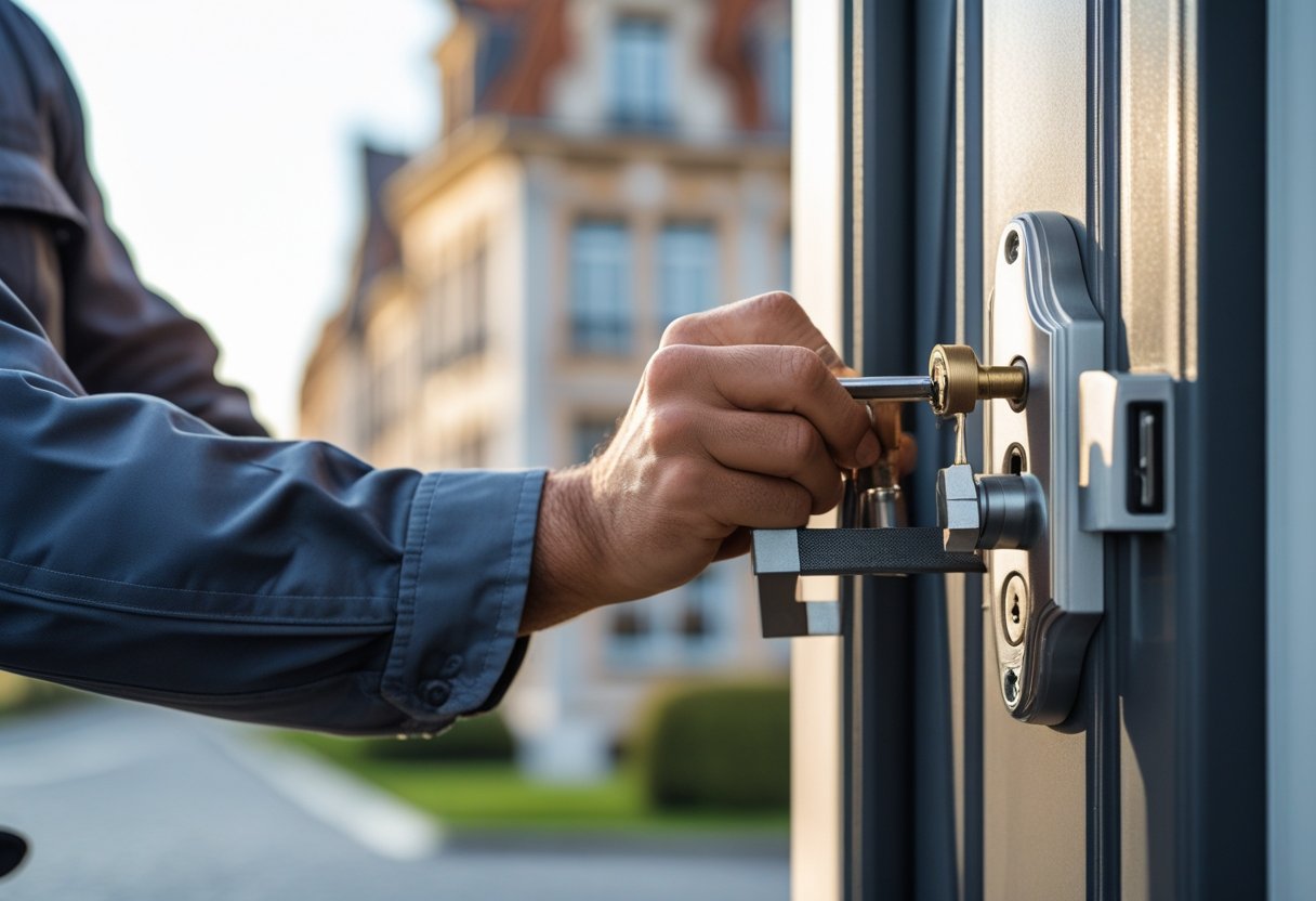 Un technicien répare une porte devant un bâtiment résidentiel à Bruxelles.