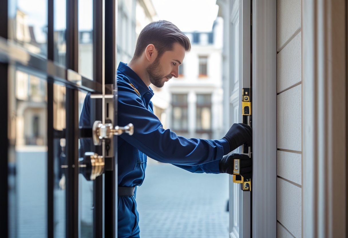 Technicien réparant une porte dans un bâtiment moderne à Bruxelles.