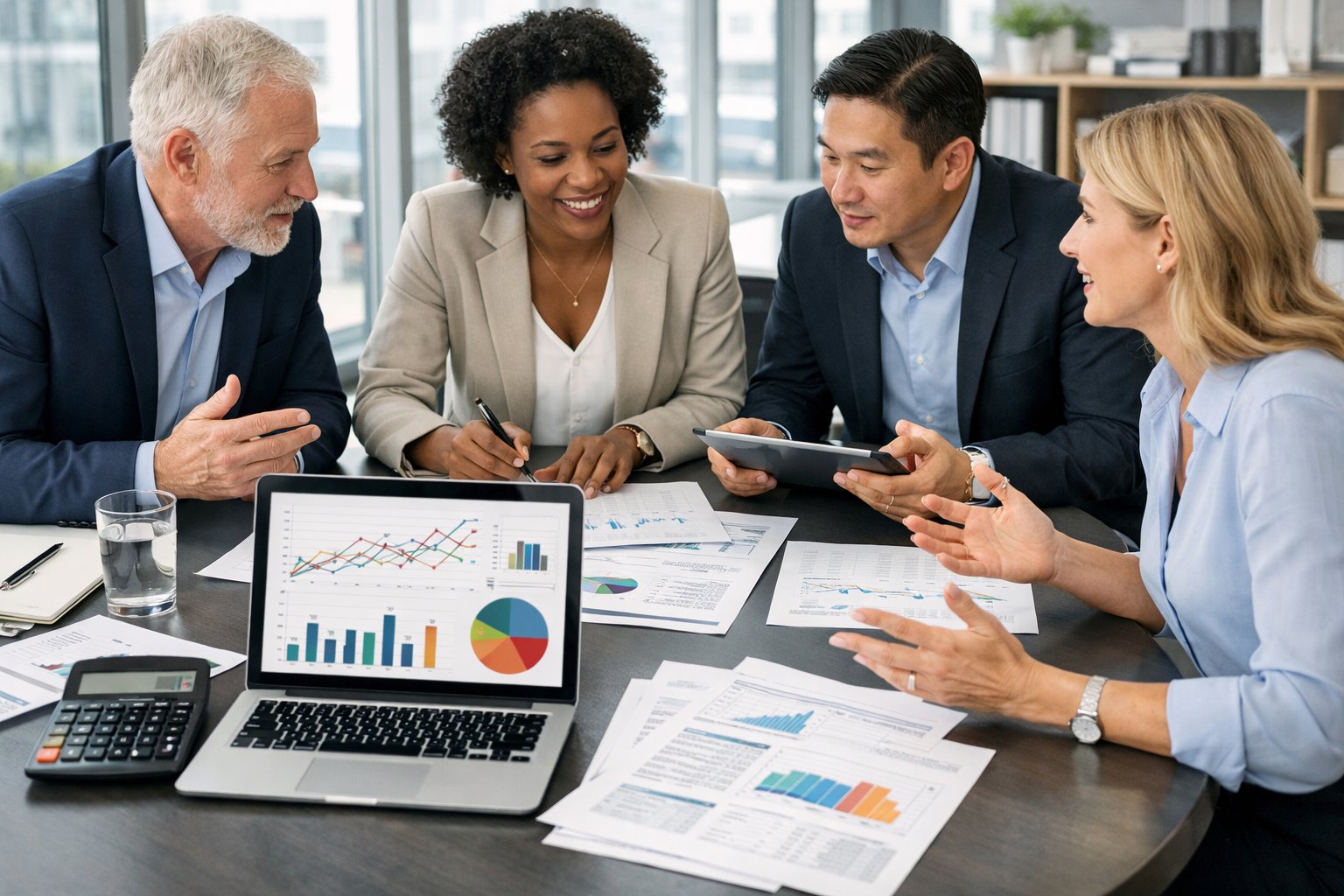 Un groupe de professionnels en réunion autour d'une table avec des documents et des appareils électroniques, analysant des données économiques dans un bureau lumineux.