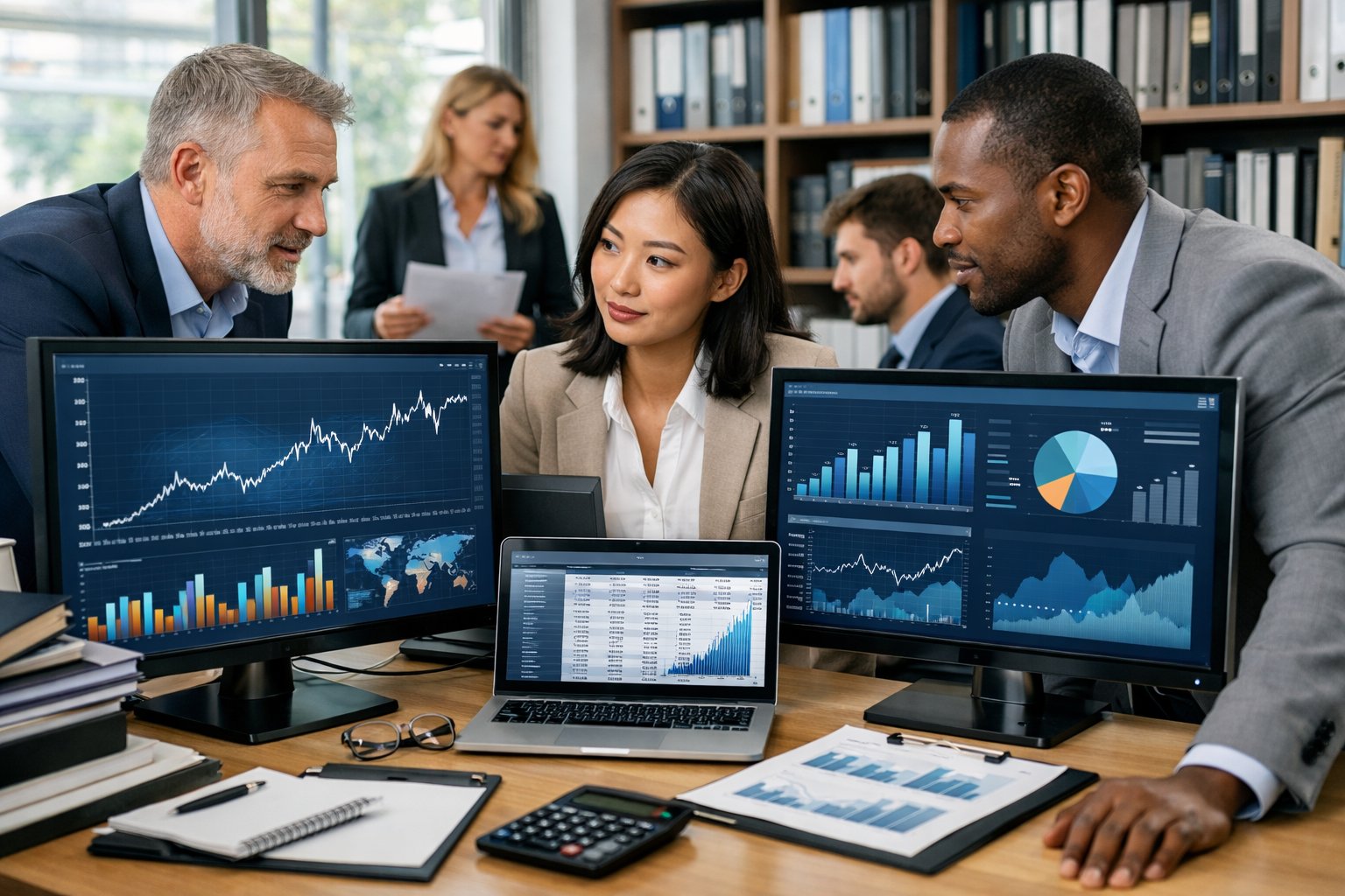 Des professionnels en tenue de travail collaborent autour d’un bureau avec des écrans affichant des graphiques financiers dans un bureau lumineux.