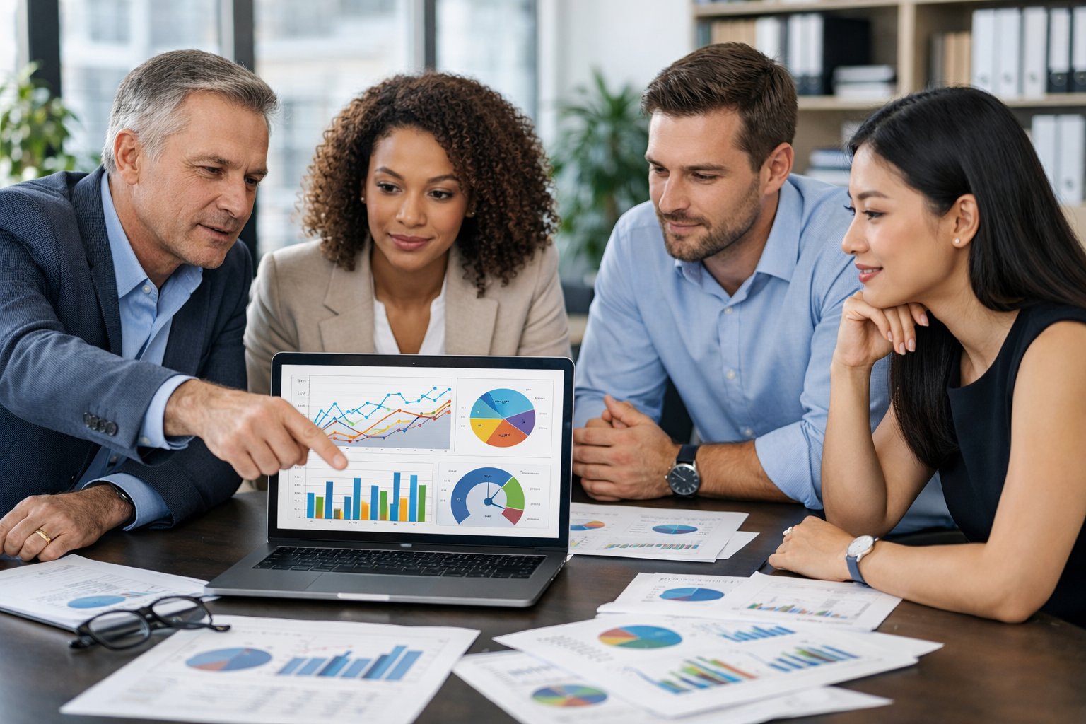 Un groupe de professionnels en réunion autour d'une table avec des graphiques et un ordinateur portable affichant des données.