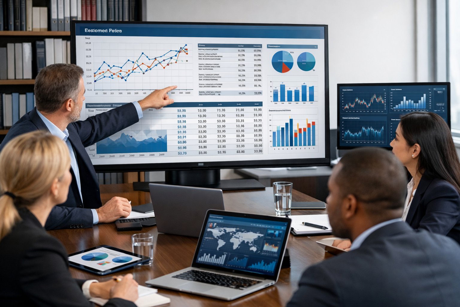 Des professionnels en réunion autour d'une table avec des écrans affichant des graphiques et des données économiques.