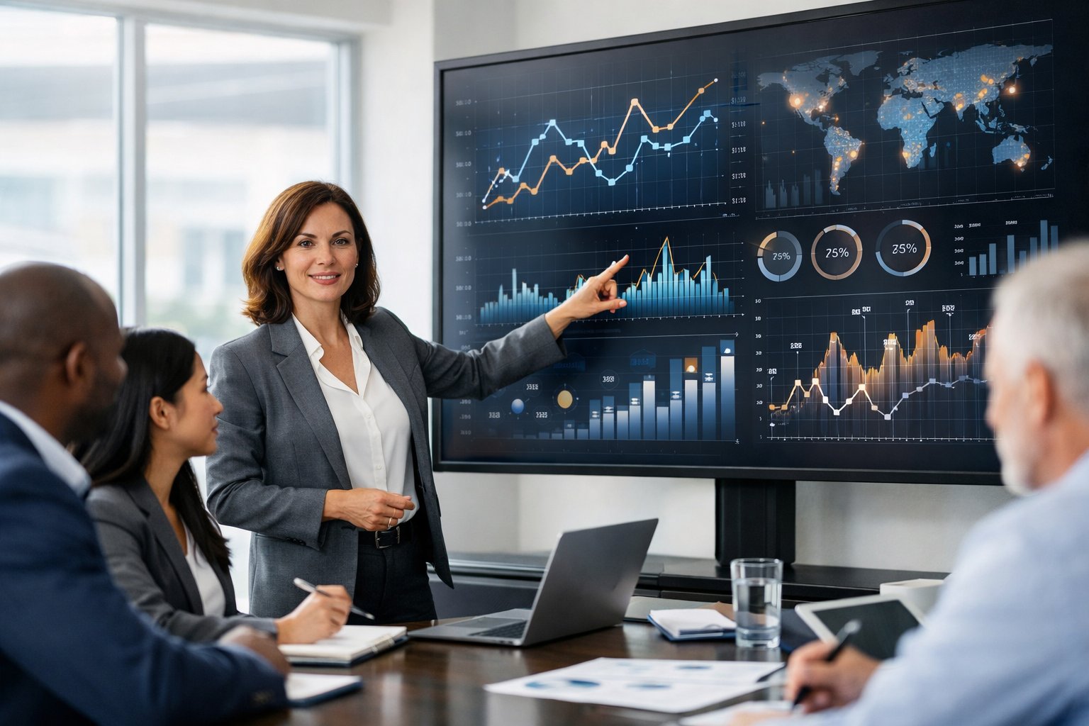 Des professionnels en réunion dans un bureau moderne, analysant des graphiques et des données sur un écran numérique.