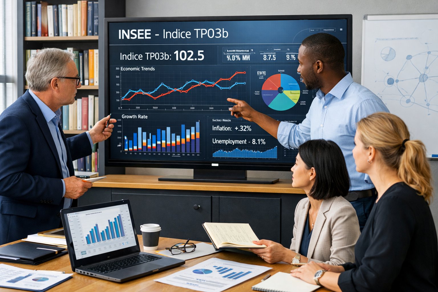 Des professionnels en réunion autour d'un écran tactile affichant des graphiques et des données économiques dans un bureau moderne.