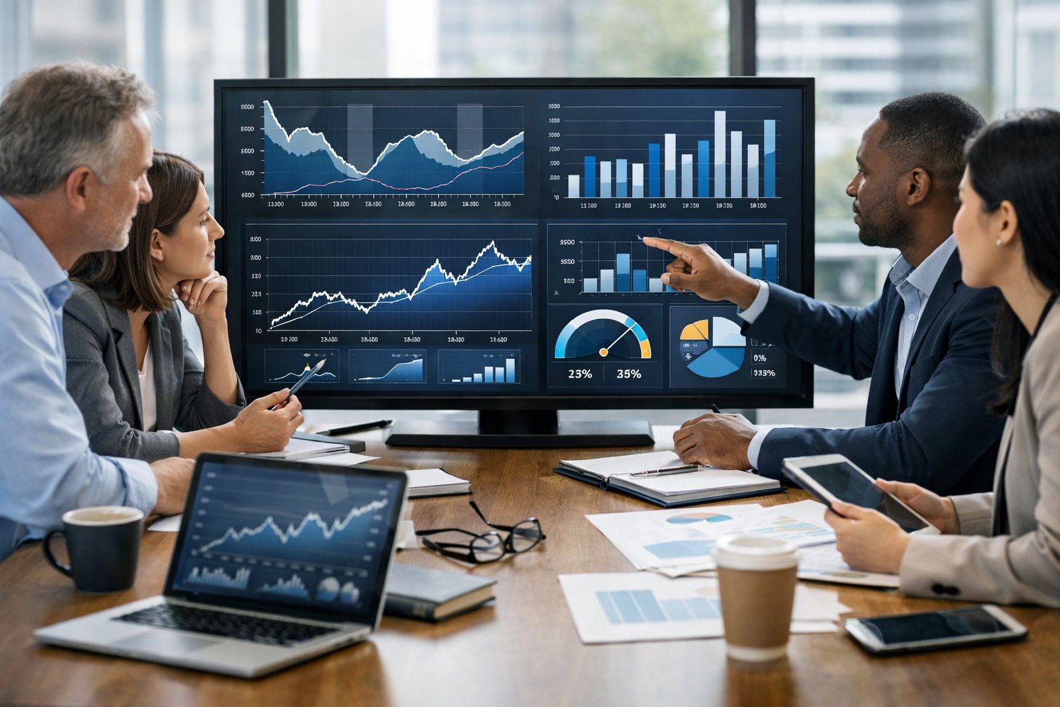 Des professionnels analysant des graphiques économiques sur des écrans dans un bureau moderne et lumineux.