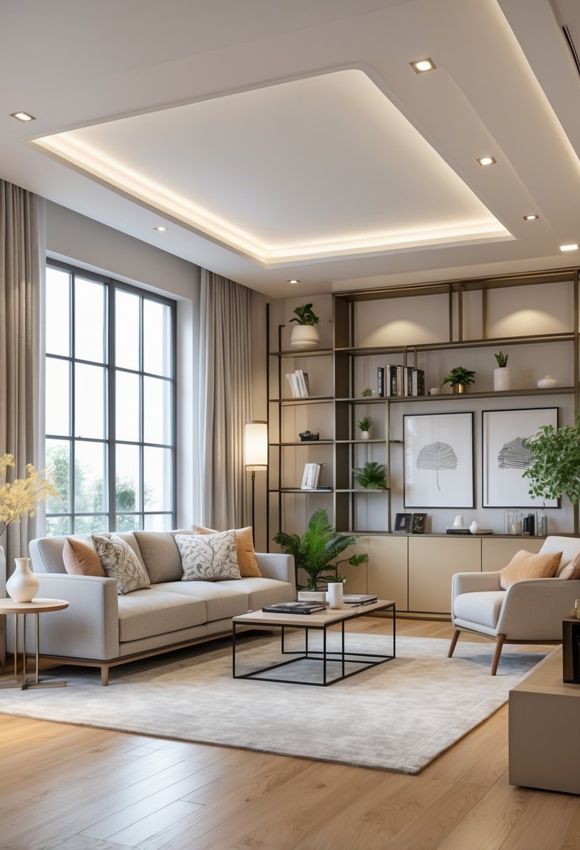 A bright living room with a sofa, coffee table, armchair, shelves with decor, and large windows letting in natural light.