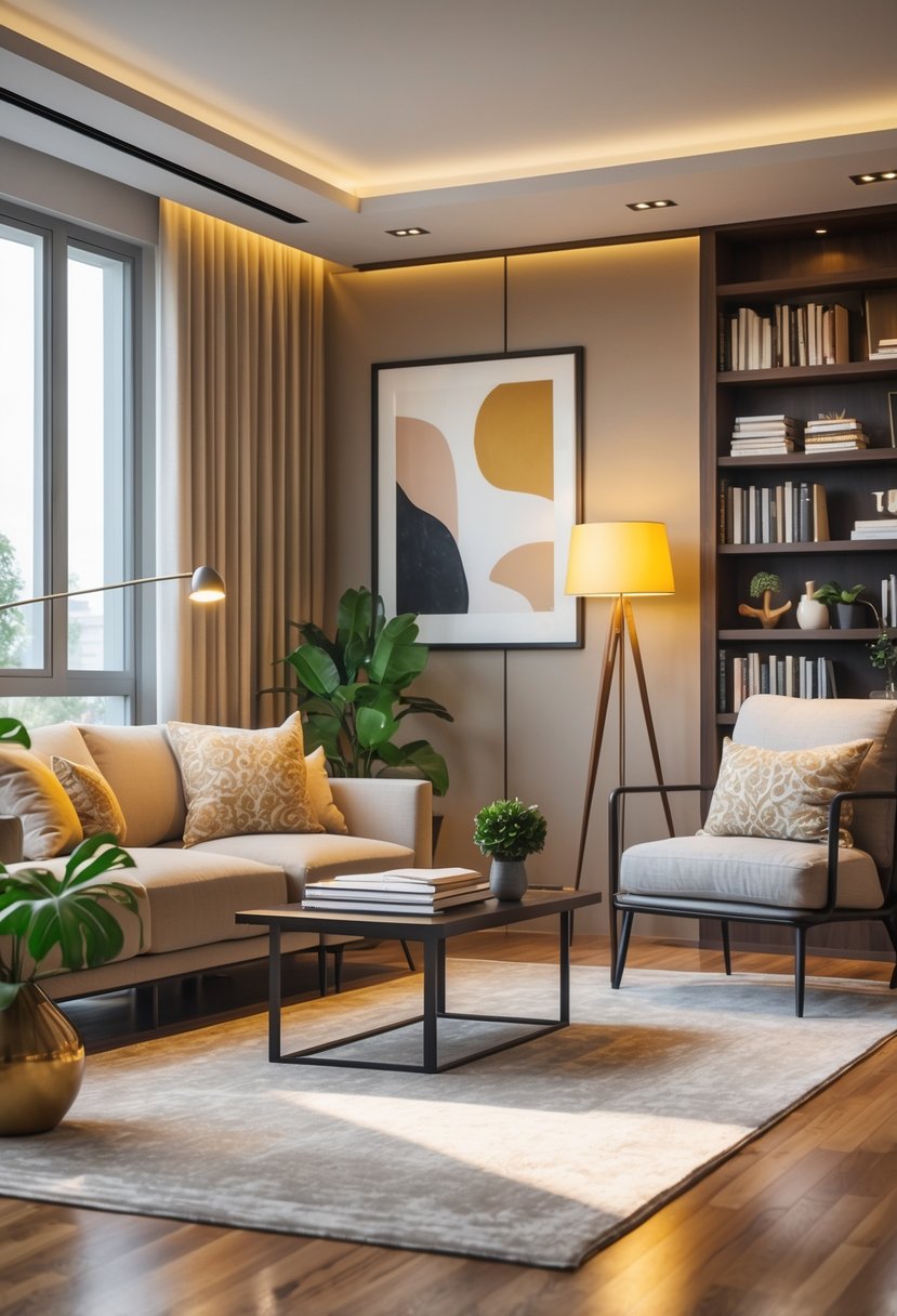 A bright living room with a sofa, coffee table, bookshelf, floor lamp, and artwork on the walls.