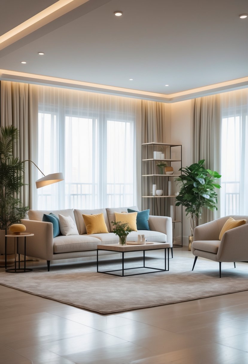 A well-lit living room with a sofa, coffee table, armchair, floor lamp, shelves, and indoor plants arranged to create a comfortable seating area.