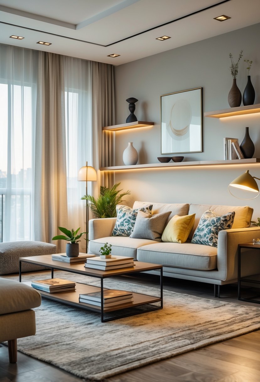 A living room with a sofa, coffee table, floor lamp, artwork on the walls, and decorative items on shelves, illuminated by natural light through large windows.