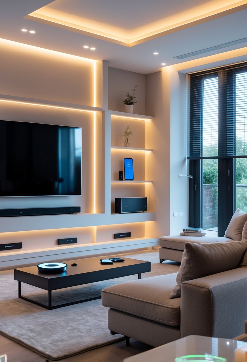 A modern living room with a sofa, coffee table, large windows, and smart home devices like a flat-screen TV, smart speaker, and tablet.
