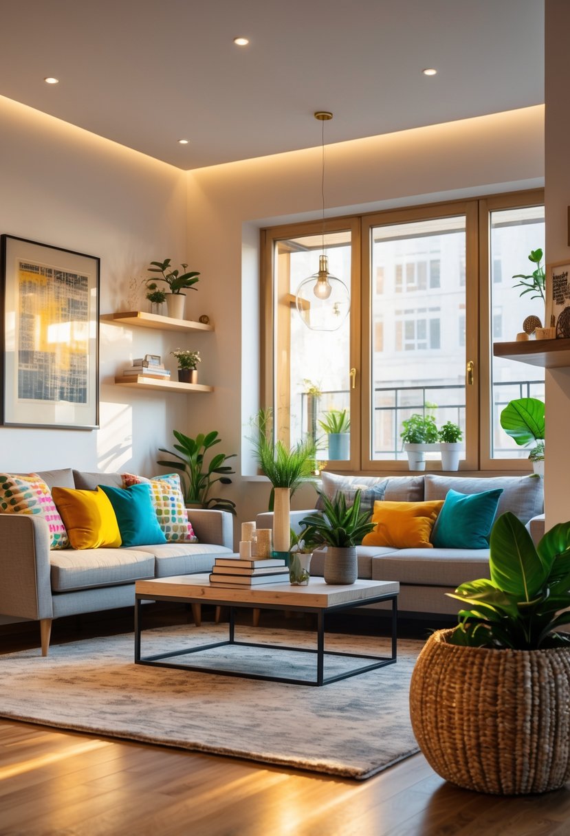 A well-lit living room with a sofa, coffee table, plants, and decorative items arranged neatly.
