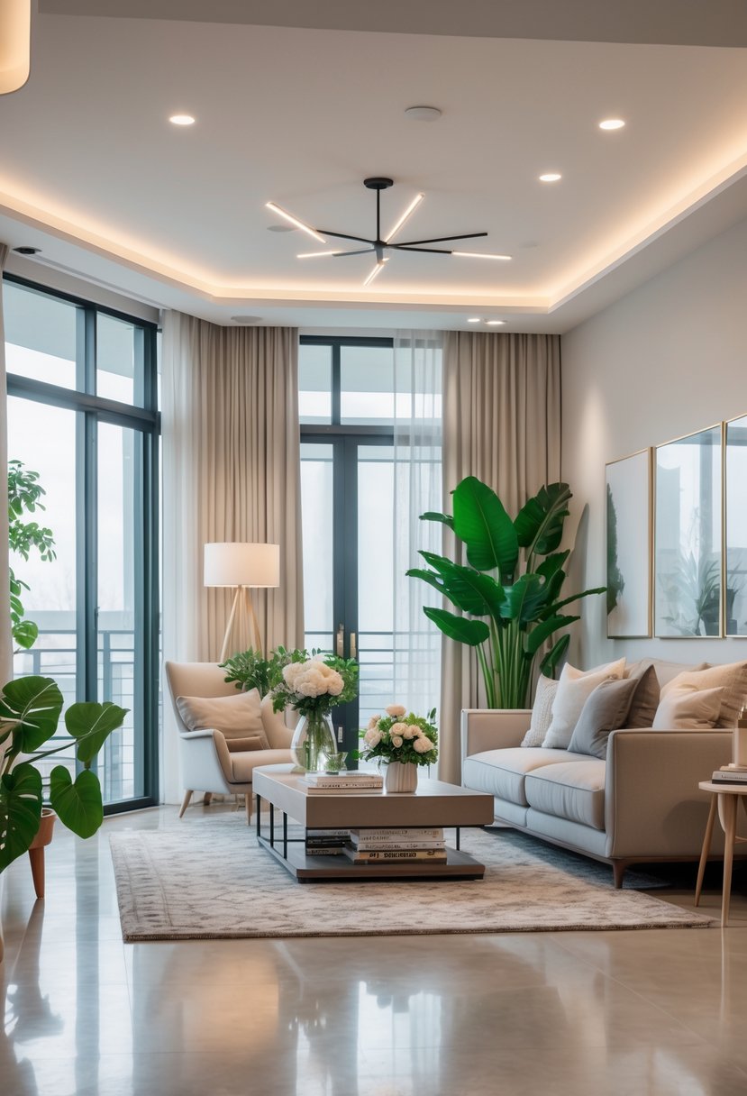 A bright living room with a sofa, coffee table, plants, and large windows letting in natural light.