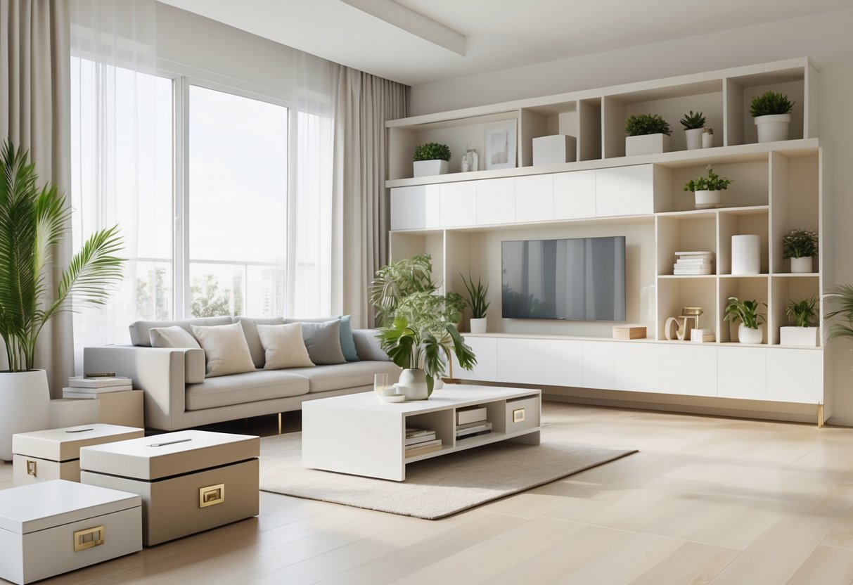 A clean and organized living room with stylish storage solutions hiding clutter and unattractive items.