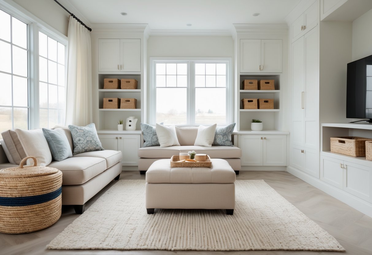 A clean and organized living room with storage solutions that hide clutter and household items.