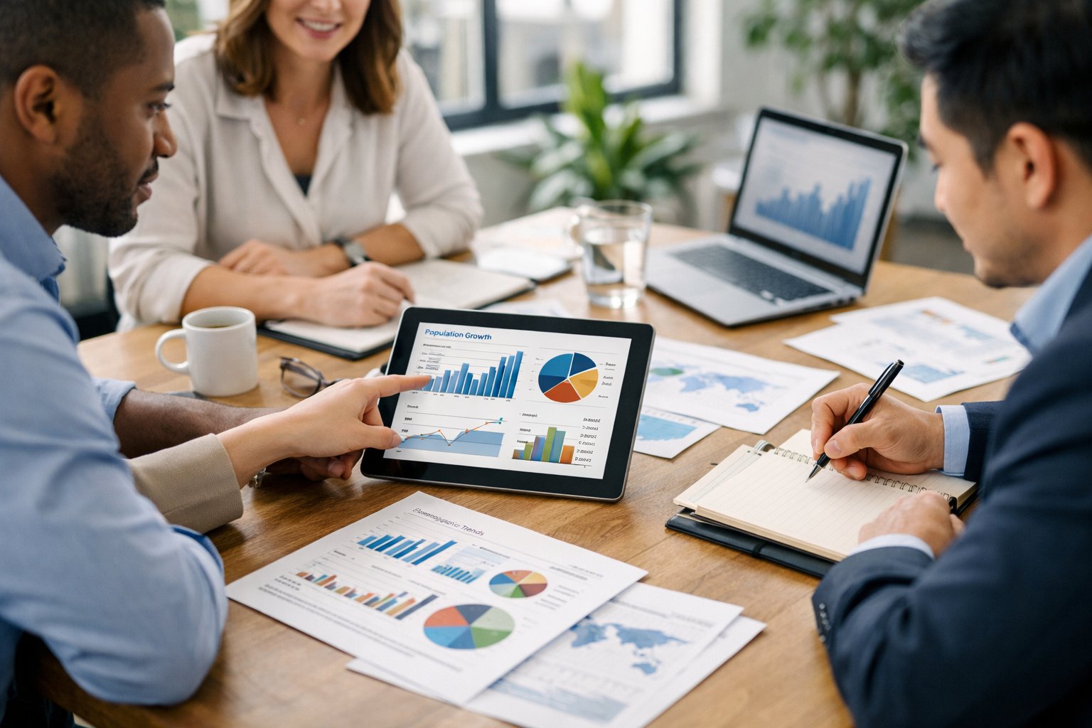 Un groupe de professionnels en réunion autour d'une table avec des ordinateurs portables et des documents de travail dans un bureau lumineux.