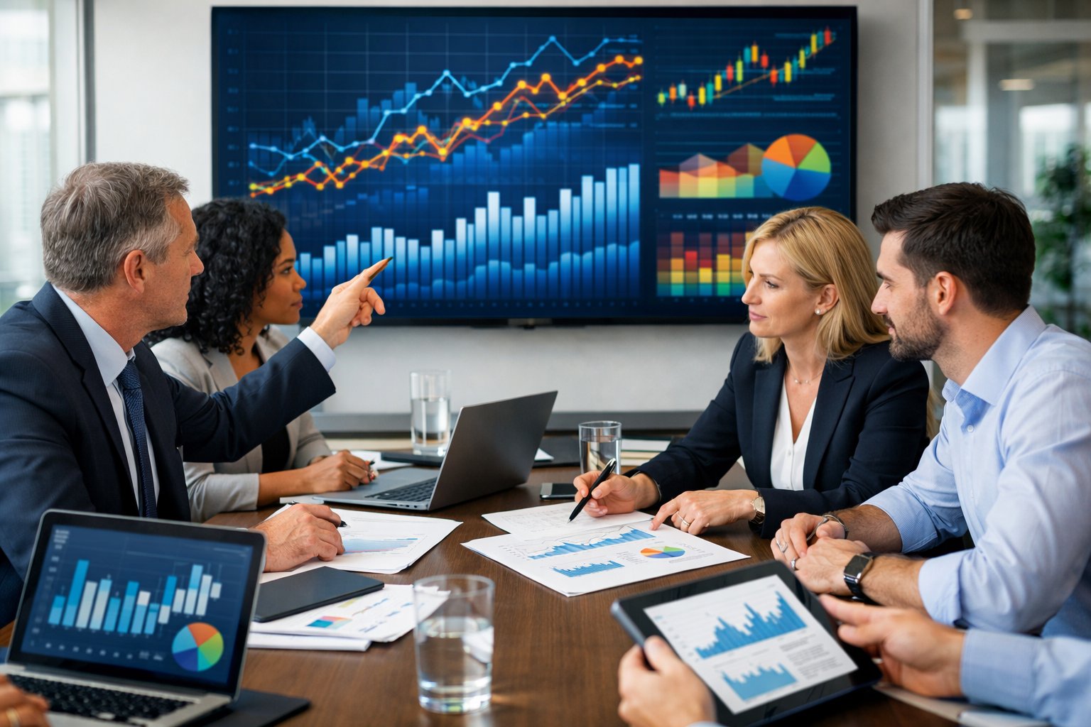 Des professionnels en réunion autour d'une table de conférence avec des ordinateurs et des graphiques financiers affichés sur un grand écran, discutant de données économiques.