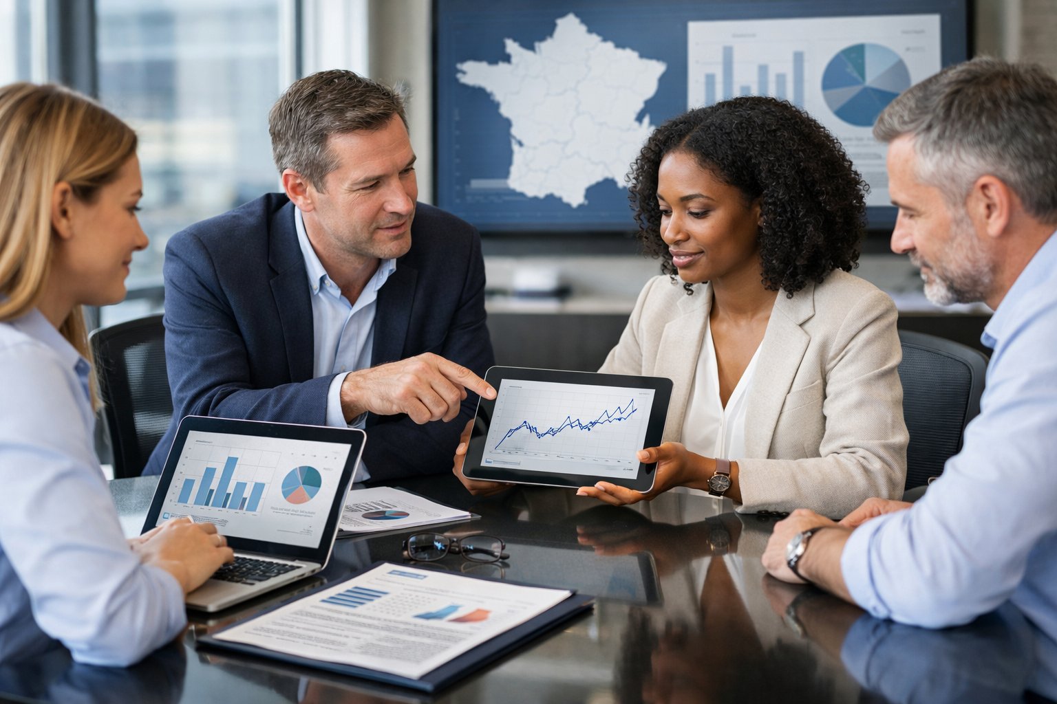 Des professionnels travaillant ensemble autour d'un bureau avec des ordinateurs affichant des graphiques et des données économiques.