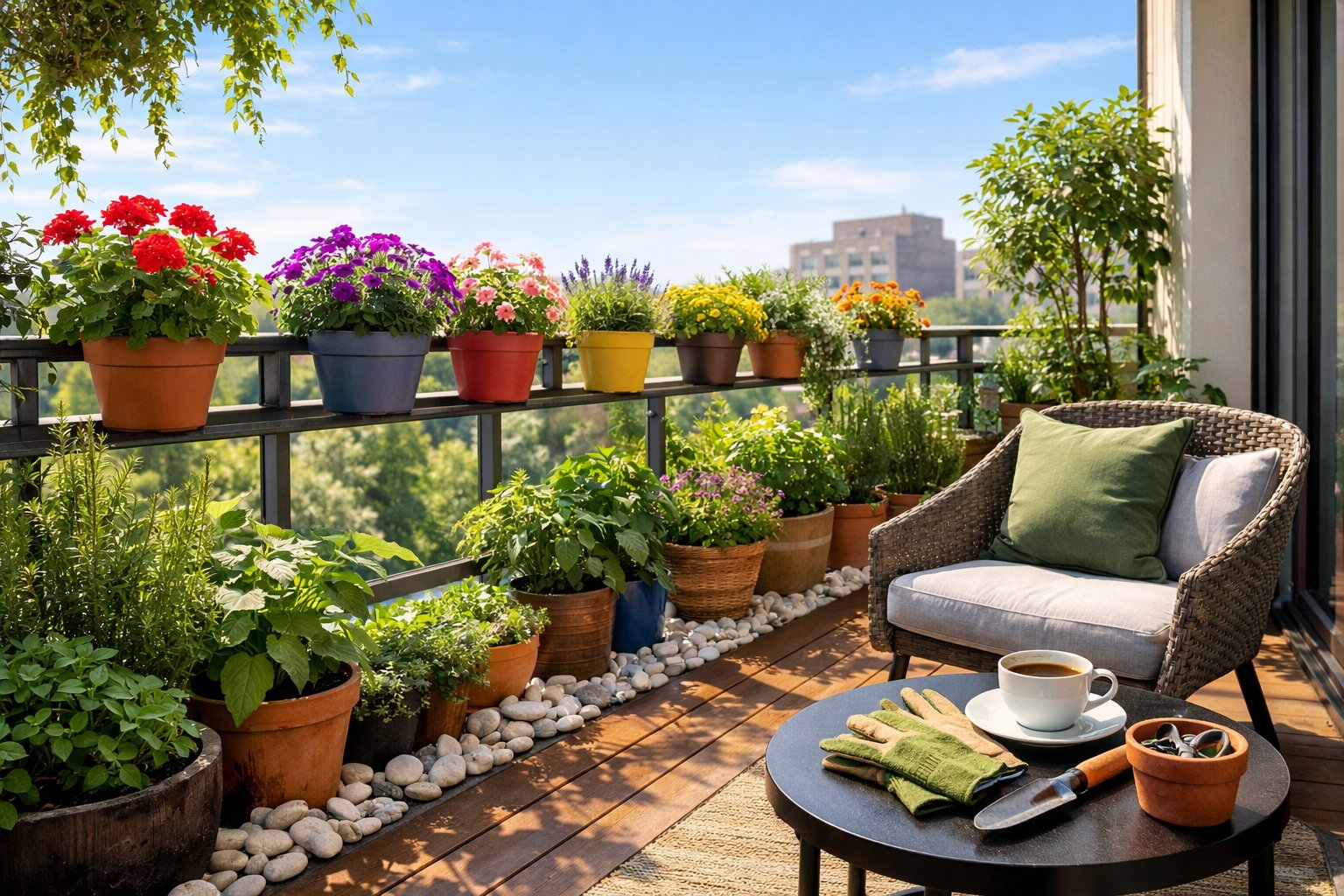 A balcony with green plants and colorful flowers arranged around a seating area overlooking city buildings.