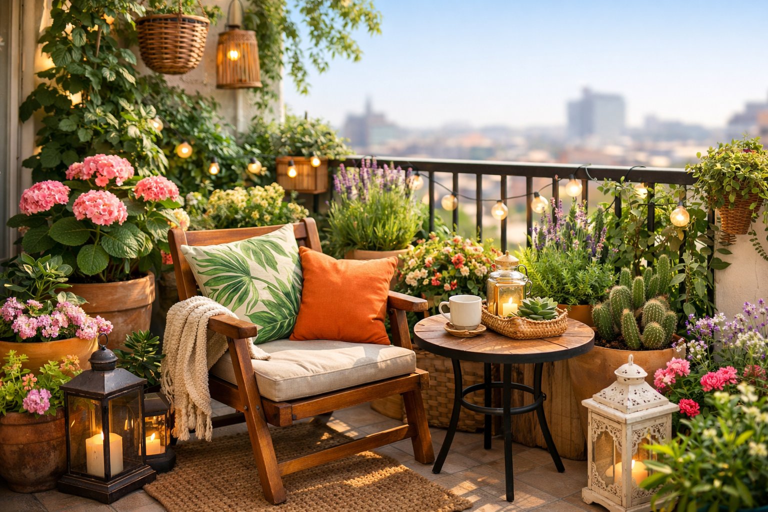 A small balcony with various potted plants and a wooden chair with a small table, creating a cozy garden space.