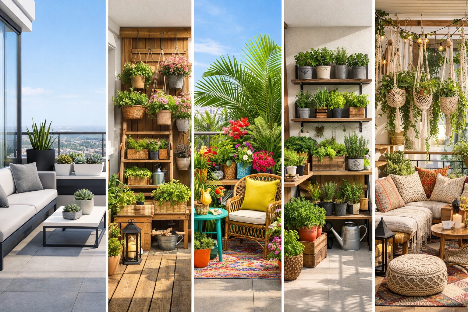 Five different balcony gardens side by side, each featuring various plants and decorative elements under natural sunlight.
