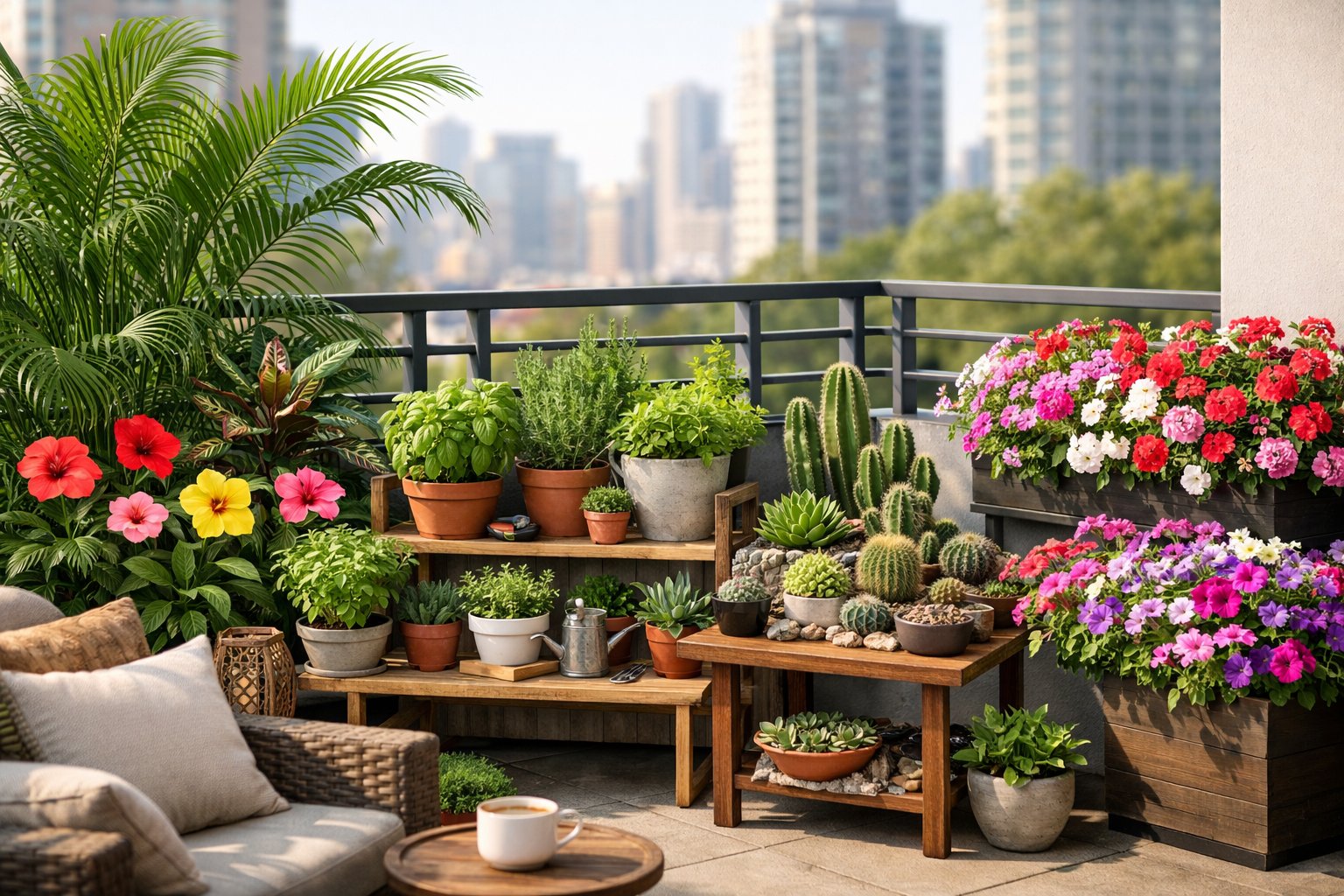 A balcony garden divided into sections featuring tropical plants, herbs, succulents, and colorful flowers under natural sunlight.