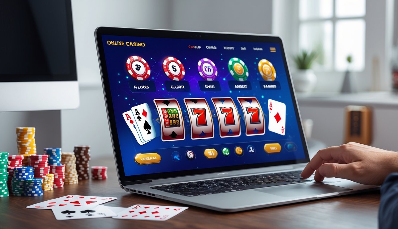 Seorang pemain menggunakan komputer dengan layar menampilkan berbagai permainan kasino online di meja yang rapi dengan chip dan kartu di sekitarnya.