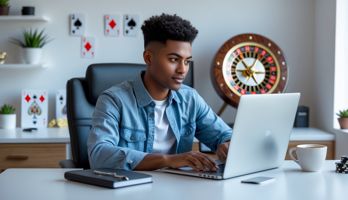 Seseorang muda duduk di meja dengan laptop, fokus melihat situs kasino online di ruang kerja yang rapi dengan dekorasi kasino di latar belakang.