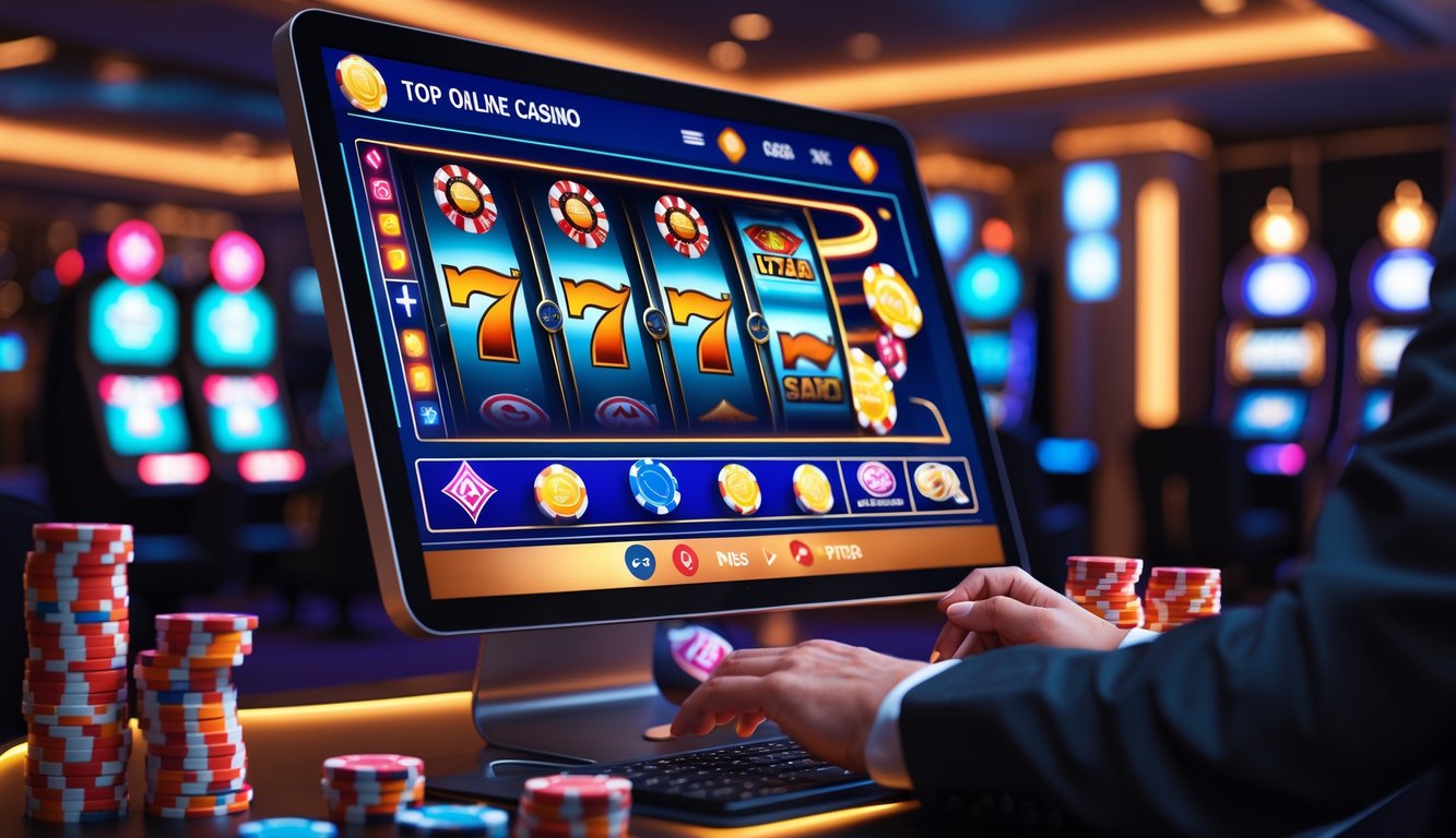 Layar perangkat digital menampilkan permainan kasino online dengan simbol slot, kartu poker, dan tumpukan chip, di ruangan dengan pencahayaan hangat dan suasana permainan yang menarik.