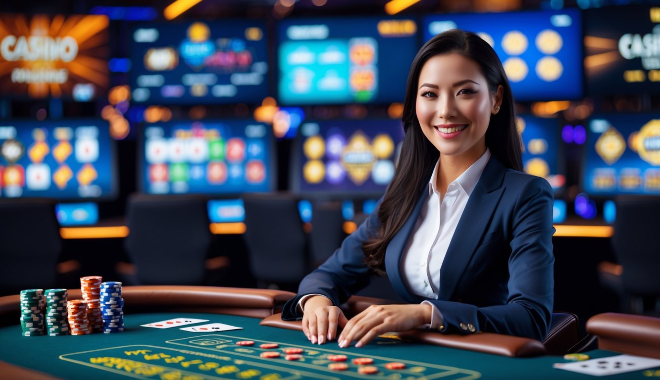 Seorang dealer kasino wanita duduk di meja permainan dengan chip dan kartu, dikelilingi oleh layar yang menampilkan permainan kasino online.
