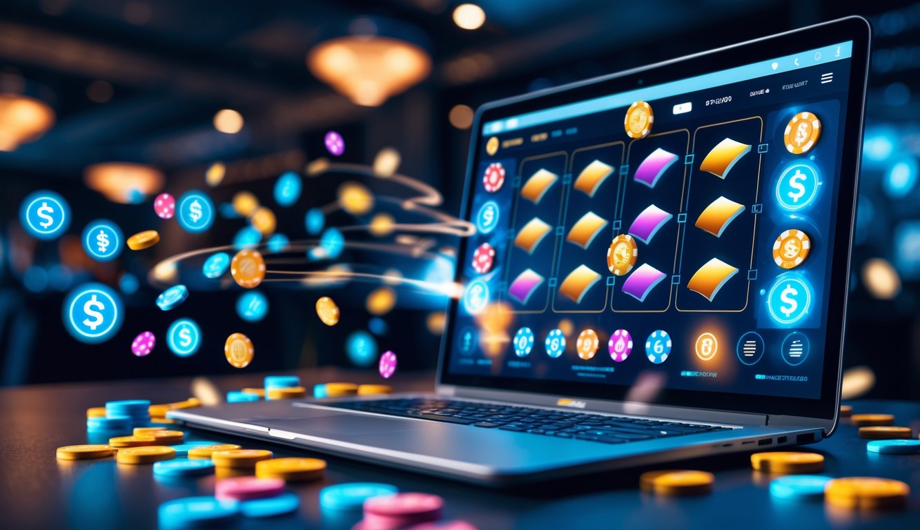 Seorang pengguna menggunakan perangkat digital dengan tampilan kasino online yang aktif di layar, menunjukkan suasana kasino yang modern dan transaksi cepat.