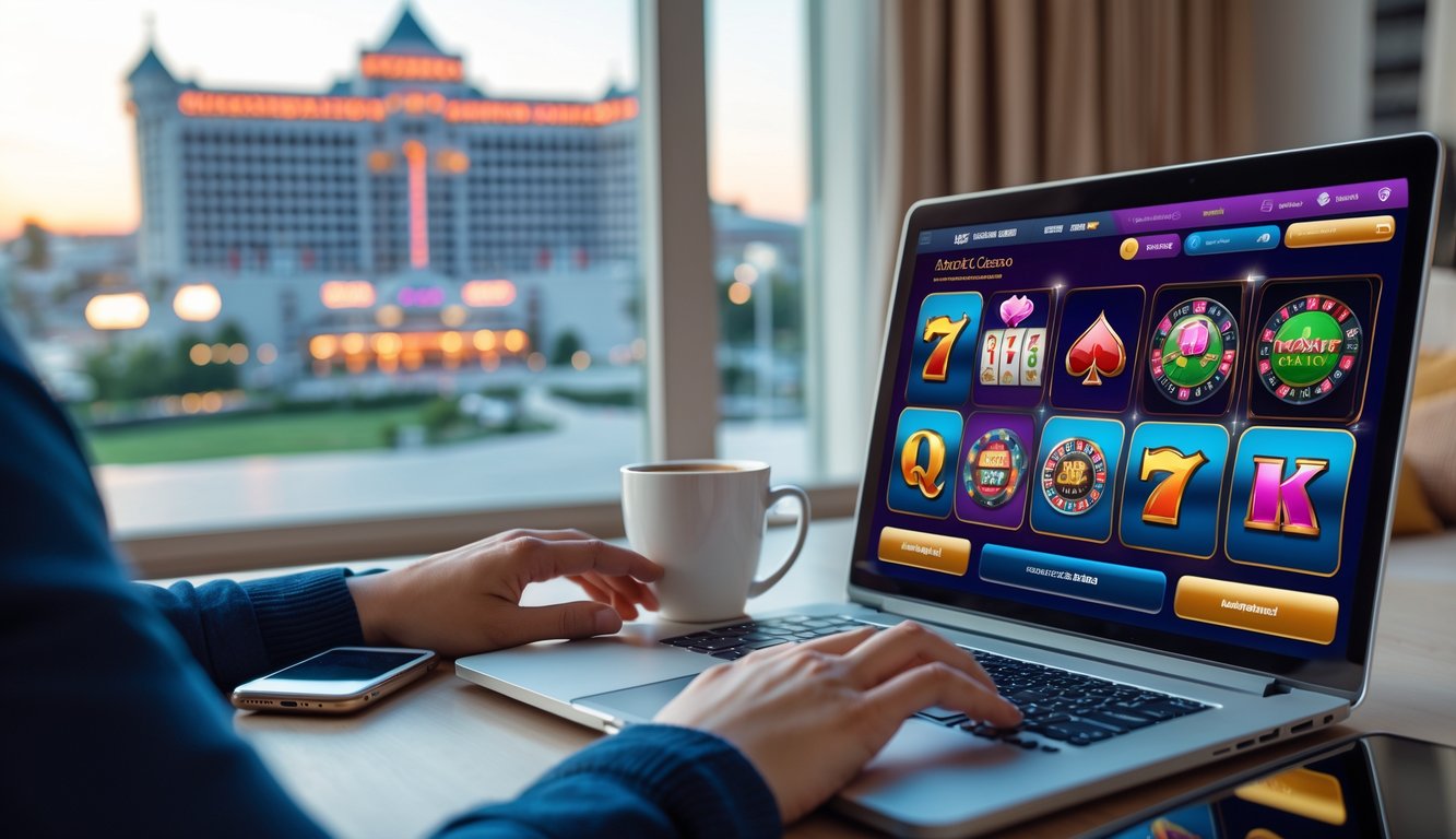 Seseorang sedang bermain casino online menggunakan laptop di rumah dengan pemandangan kasino darat di kejauhan melalui jendela.