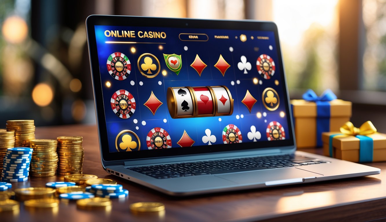 Seorang pengguna duduk di depan komputer dengan tampilan permainan kasino online yang penuh warna dan elemen bonus seperti koin emas dan chip poker di meja.