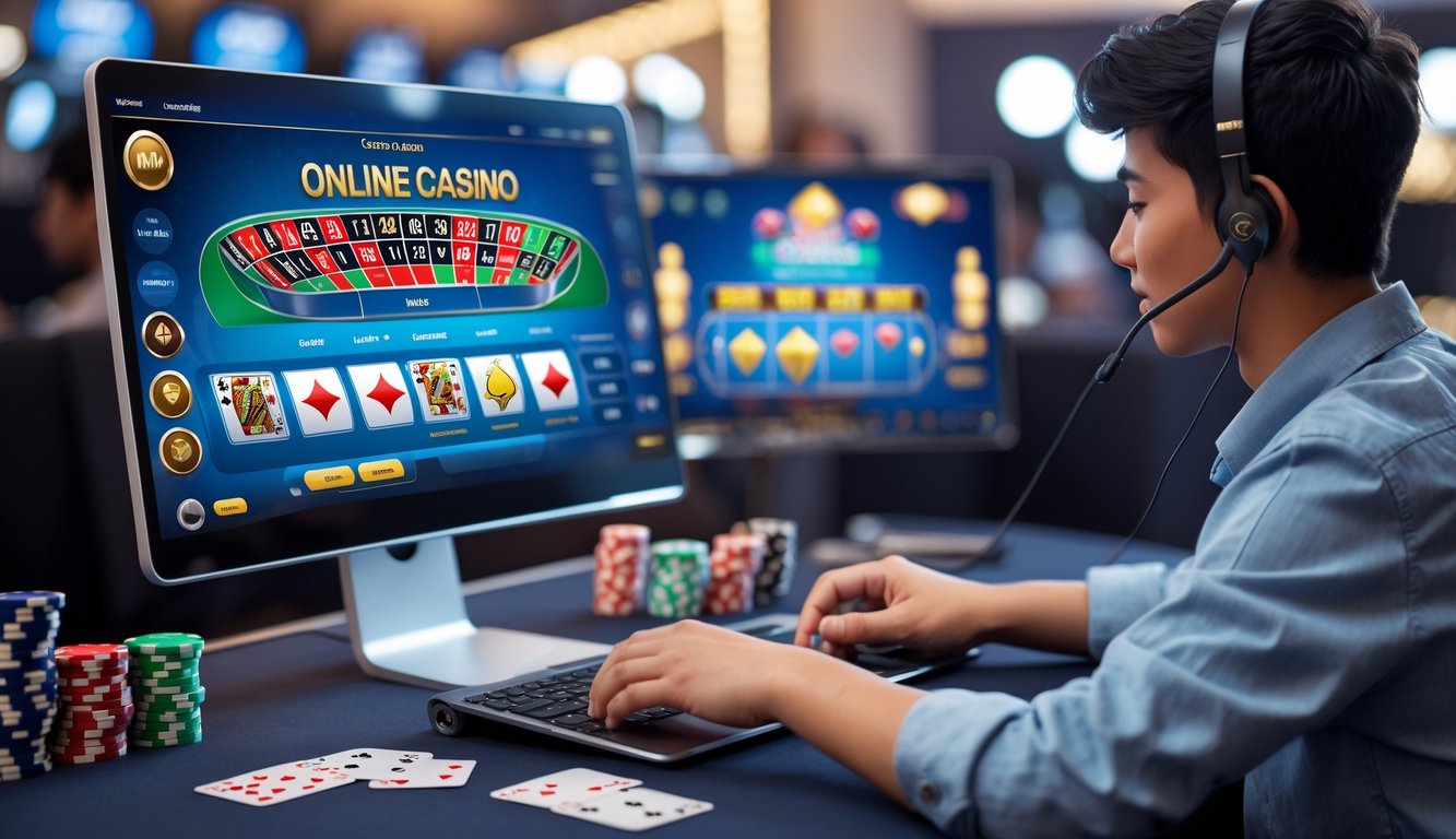 Seorang pemain muda sedang menggunakan komputer dengan tampilan permainan kasino online di layar, dikelilingi oleh chip poker dan kartu remi di meja.