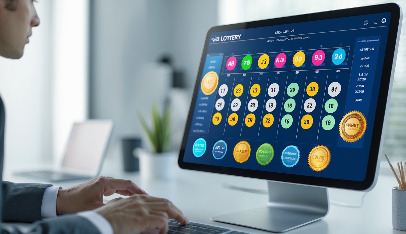 Seseorang menggunakan perangkat digital dengan tampilan angka dan grafik lotre online resmi di layar.
