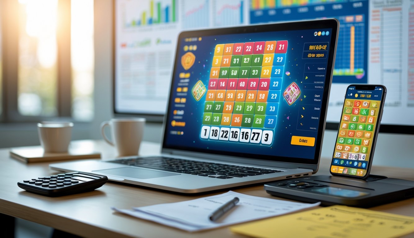 Sebuah meja kerja dengan laptop dan ponsel yang menampilkan aplikasi togel 4D, bersama catatan dan kalkulator, menunjukkan suasana perencanaan dan analisis bermain togel online.