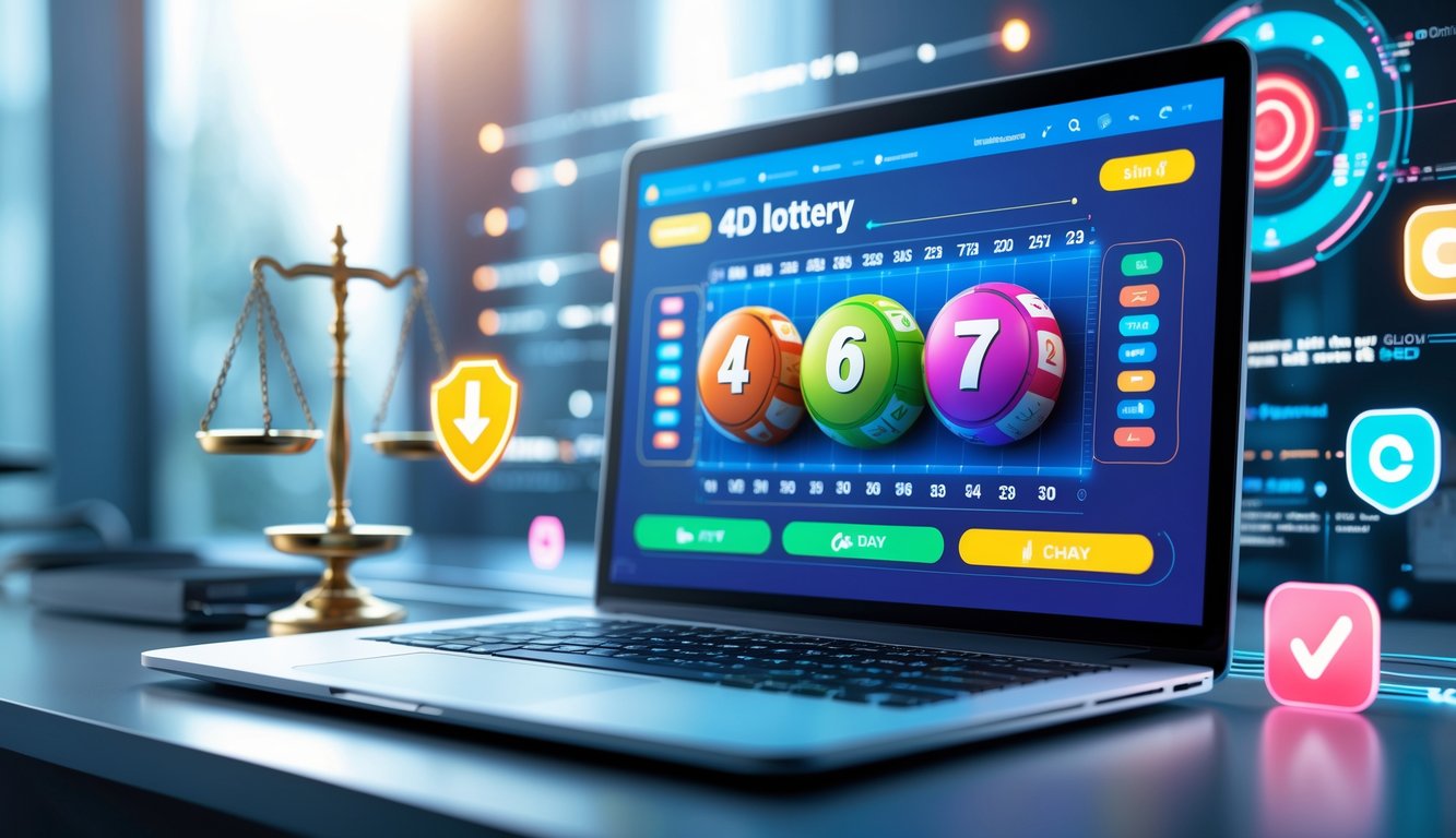 Sebuah laptop di meja kerja modern menampilkan antarmuka lotere digital dengan simbol keadilan dan keamanan di sekitarnya.