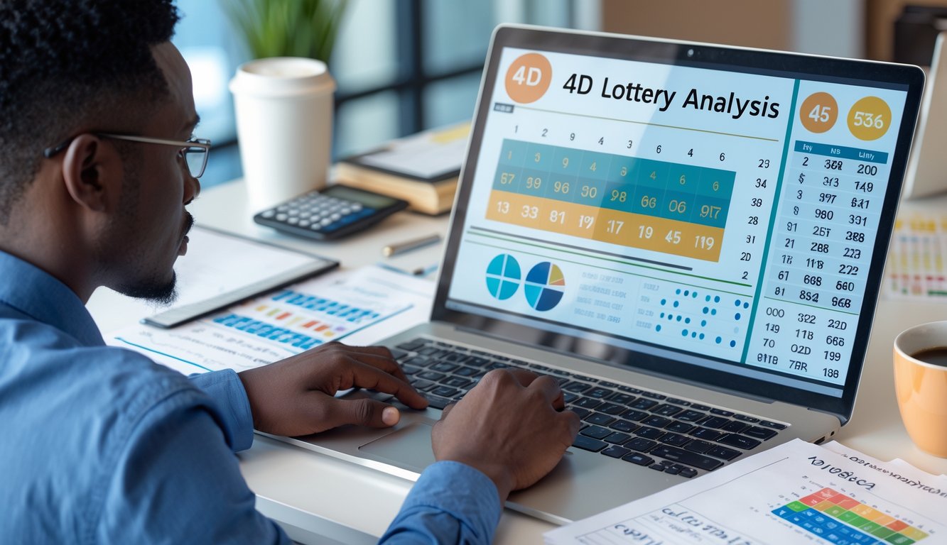Seseorang sedang menganalisis data angka di depan layar digital dengan beberapa dokumen dan laptop di meja kerja.