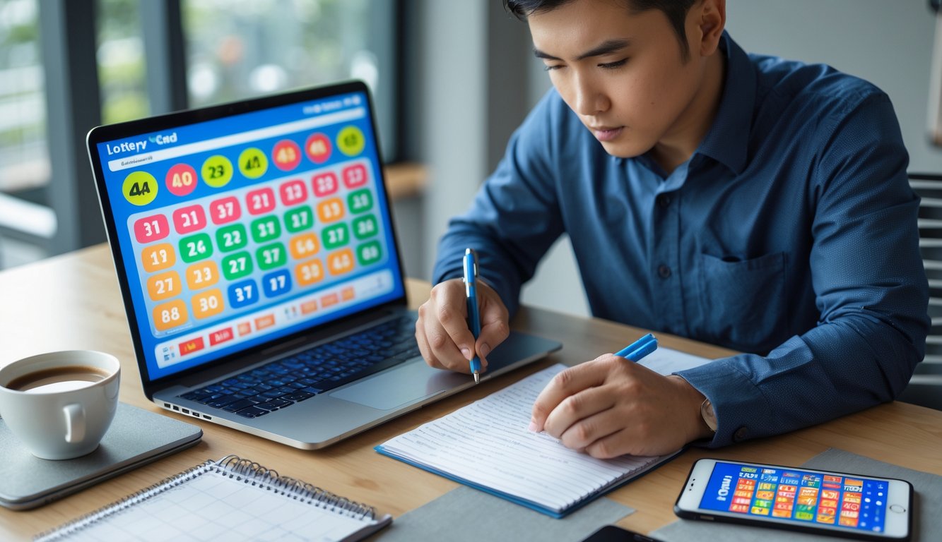 Seorang individu fokus merencanakan strategi bermain togel online 4D di depan laptop dengan catatan dan alat tulis di meja kerja.