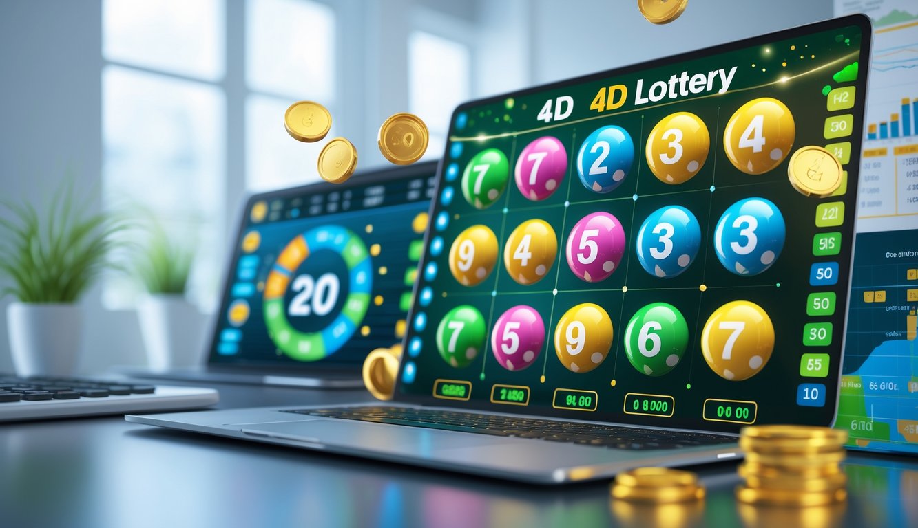 Seseorang menggunakan perangkat digital dengan tampilan bola lotere berwarna-warni dan elemen grafis yang menunjukkan peluang menang.